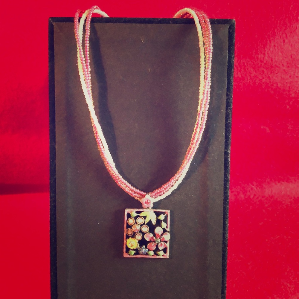 Triple Seed Bead Necklace With Floral Pendant